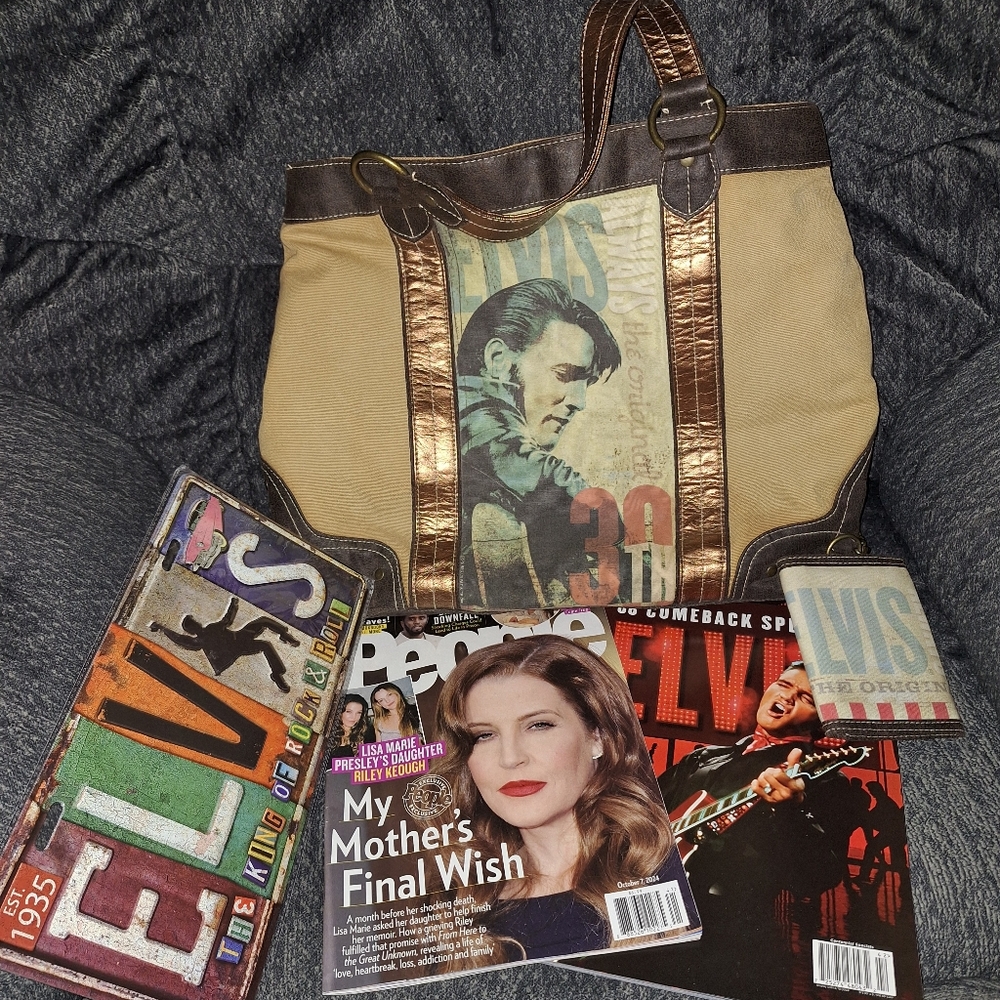ELVIS PRESLEY. Tan and Brown Purse W Attached Canvas Wallet with Leather Accents